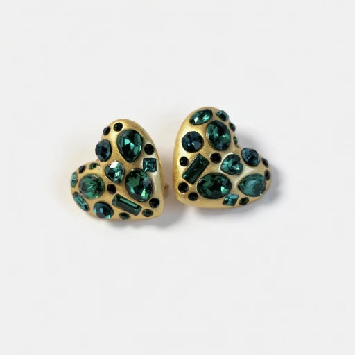 Gold-tone heart stud earrings with emerald-green crystal stones and dark blue accents.
