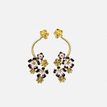 Gold-tone enamel flower hoop earrings with purple, black, and white blooms