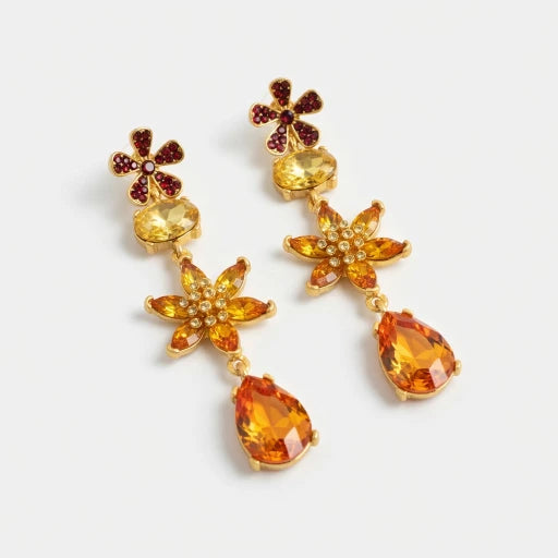 Orange floral crystal teardrop earrings with gold-tone flower centers