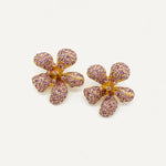 Five-petal flower earrings with pink crystal petals and bead centers, gold-tone