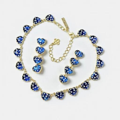 Heart rhinestone necklace, blue hearts with rhinestones on gold-tone chain