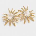 Gold-tone sunflower starburst earrings with clear rhinestones, two large round clusters