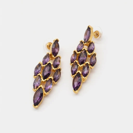 Rhinestone earrings with purple marquise stones and gold-tone setting