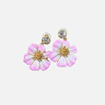 Gold-tone enamel cherry blossom earrings with pink petals and crystal center studs