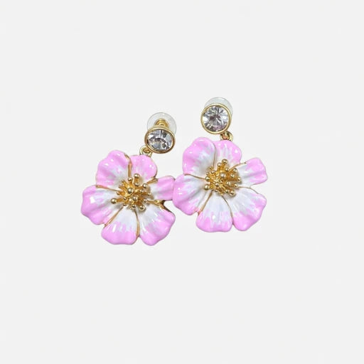Gold-tone enamel cherry blossom earrings with pink petals and crystal center studs