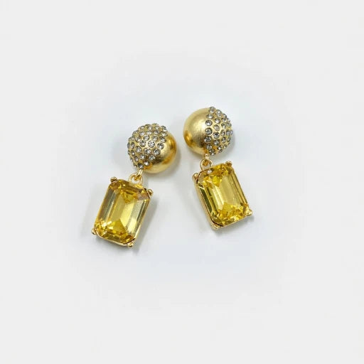 Gold-tone earrings with yellow square crystal pendants and round stud tops