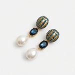 Oscar de la Renta pearl crystal water-drop earrings with blue oval stones