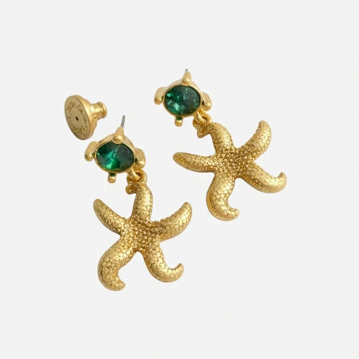 Gold-tone starfish stud earrings with green gemstone accents, vintage-style