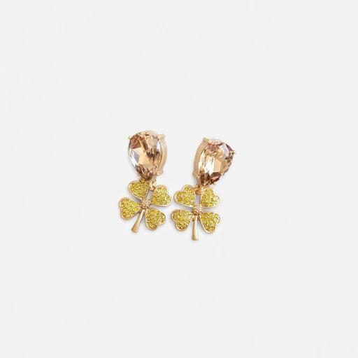 Gold-tone four-leaf clover drop earrings with champagne teardrop crystals