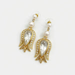 Gold-tone tulip flower pendant earrings with clear teardrop stones, crystal border, pearl drops