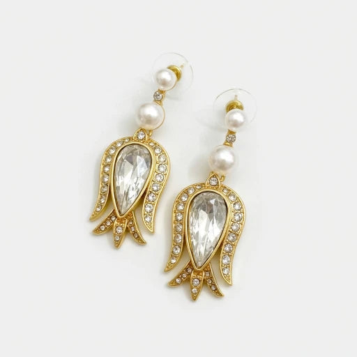 Gold-tone tulip flower pendant earrings with clear teardrop stones, crystal border, pearl drops