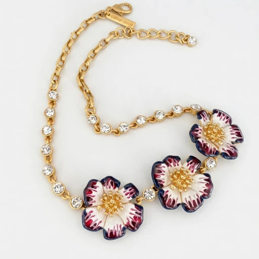 Gold-tone pendant necklace with multicolor enamel flower charms and crystal stations