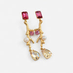 Gold-tone clip-on earrings with pink faceted stones, white pearls, and pale yellow drops