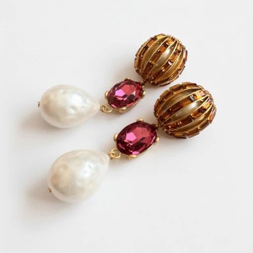 Oscar de la Renta pearl crystal water-drop earrings with rose-red oval stones