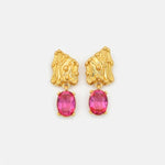 Oscar de la Renta crystal drop earrings, gold textured studs with pink oval stones