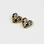 Heart-shaped crystal stud earrings with multicolor stones on gold-tone posts