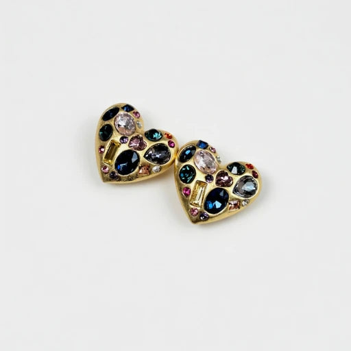 Heart-shaped crystal stud earrings with multicolor stones on gold-tone posts