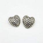 Heart stud earrings with vintage speckled pattern, dark silver tone