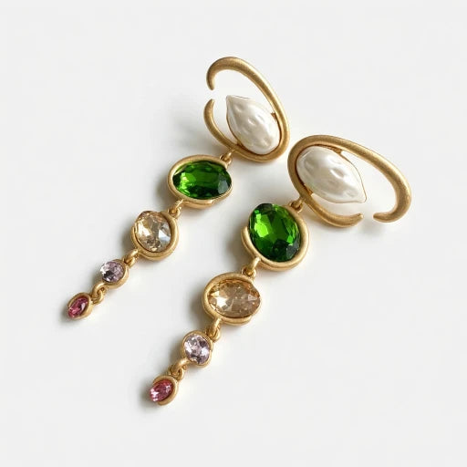 Gold-tone long crystal drop earrings with white pearl ovals and green crystals and clear stones