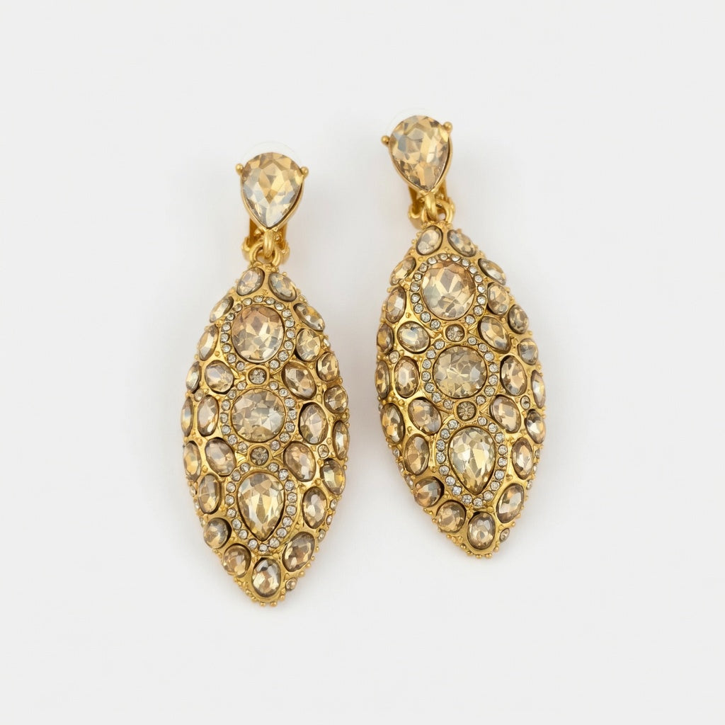 Champagne gold teardrop clip-on earrings with full crystal sparkle settings