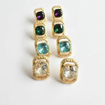 Square crystal stud earrings with gold-tone frames and mixed purple, green, blue, clear crystals