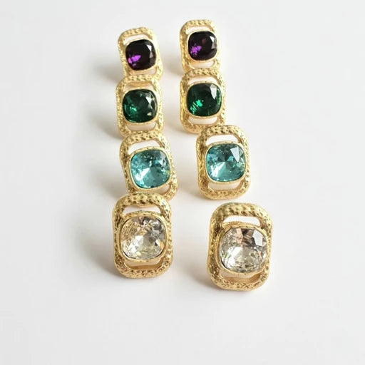 Square crystal stud earrings with gold-tone frames and mixed purple, green, blue, clear crystals