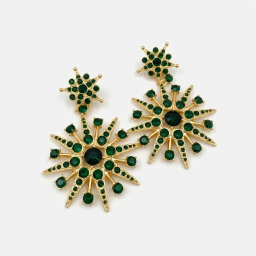 Gold-tone crystal starburst drop earrings with dark green stones