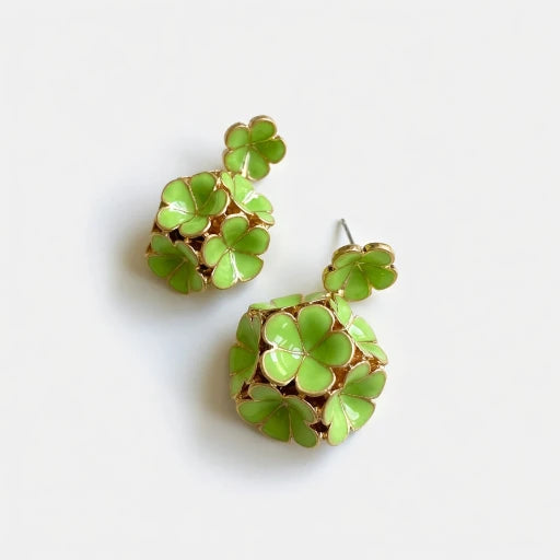 Green enamel hydrangea stud earrings with gold-tone petal details