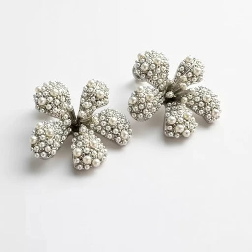 Diamond and pearl flower earrings with round pearl-studded petals, stud style
