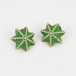 Green star-shaped cactus earrings with crystal rhinestone trim and gold-tone posts