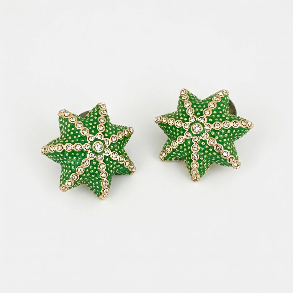 Green star-shaped cactus earrings with crystal rhinestone trim and gold-tone posts