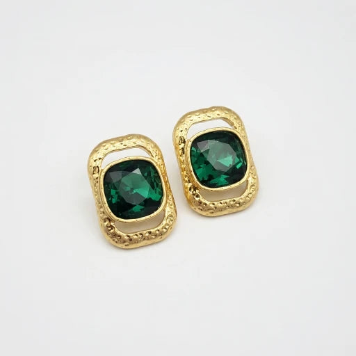 Square crystal stud earrings with gold-tone frames and dark green stones