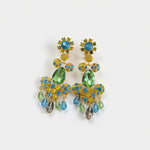 Long clip-on rhinestone tassel earrings with green and blue stones