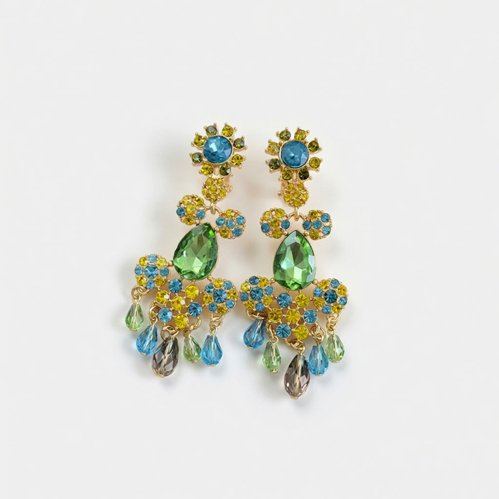 Long clip-on rhinestone tassel earrings with green and blue stones