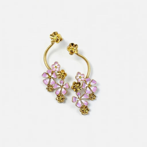 Gold-tone enamel flower hoop earrings with pink and lavender petals