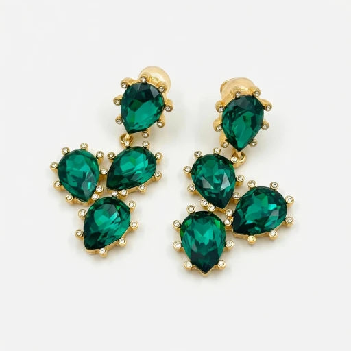 Cactus-cut sparkling glass diamond ear clips with green stones and gold settings