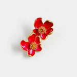 Oscar de la Renta enamel floral stud earrings, red petals with gold-tone rims and jeweled bead centers.